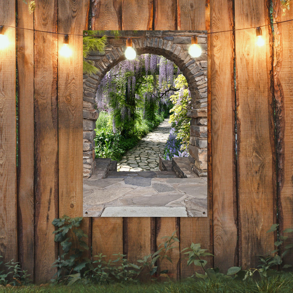 ZAHRADNÍ PLAKÁT Les - výhled - kameny - cesta 80x120 cm - šedohnědá, plast (80/120/0.2cm) - OnlyWow