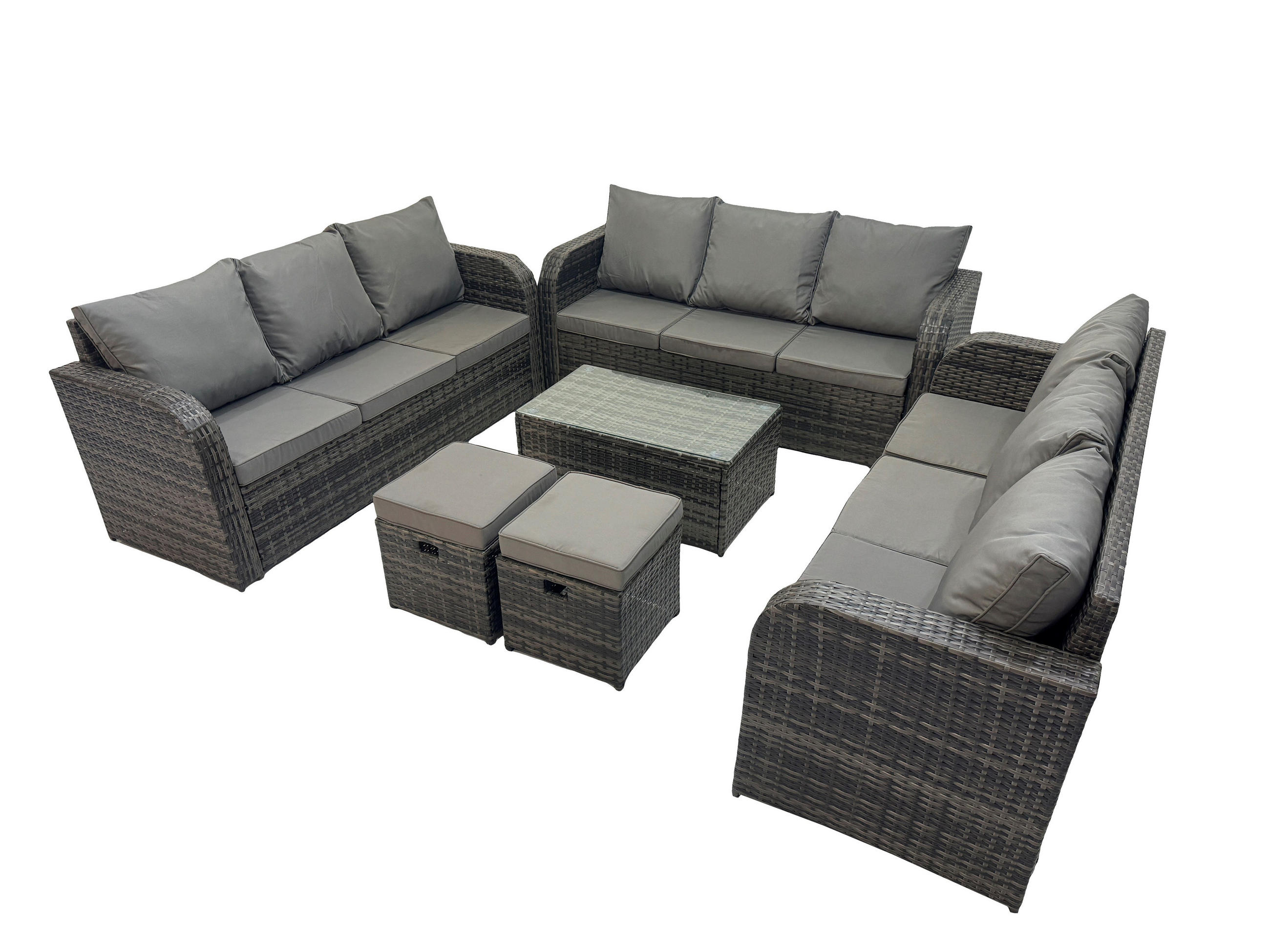 GARTENMÖBELGARNITUR mit KISSEN Polyrattan Dunkelgrau 11-Sitzer - Dunkelgrau/Grau, Glas/Kunststoff - Fimous