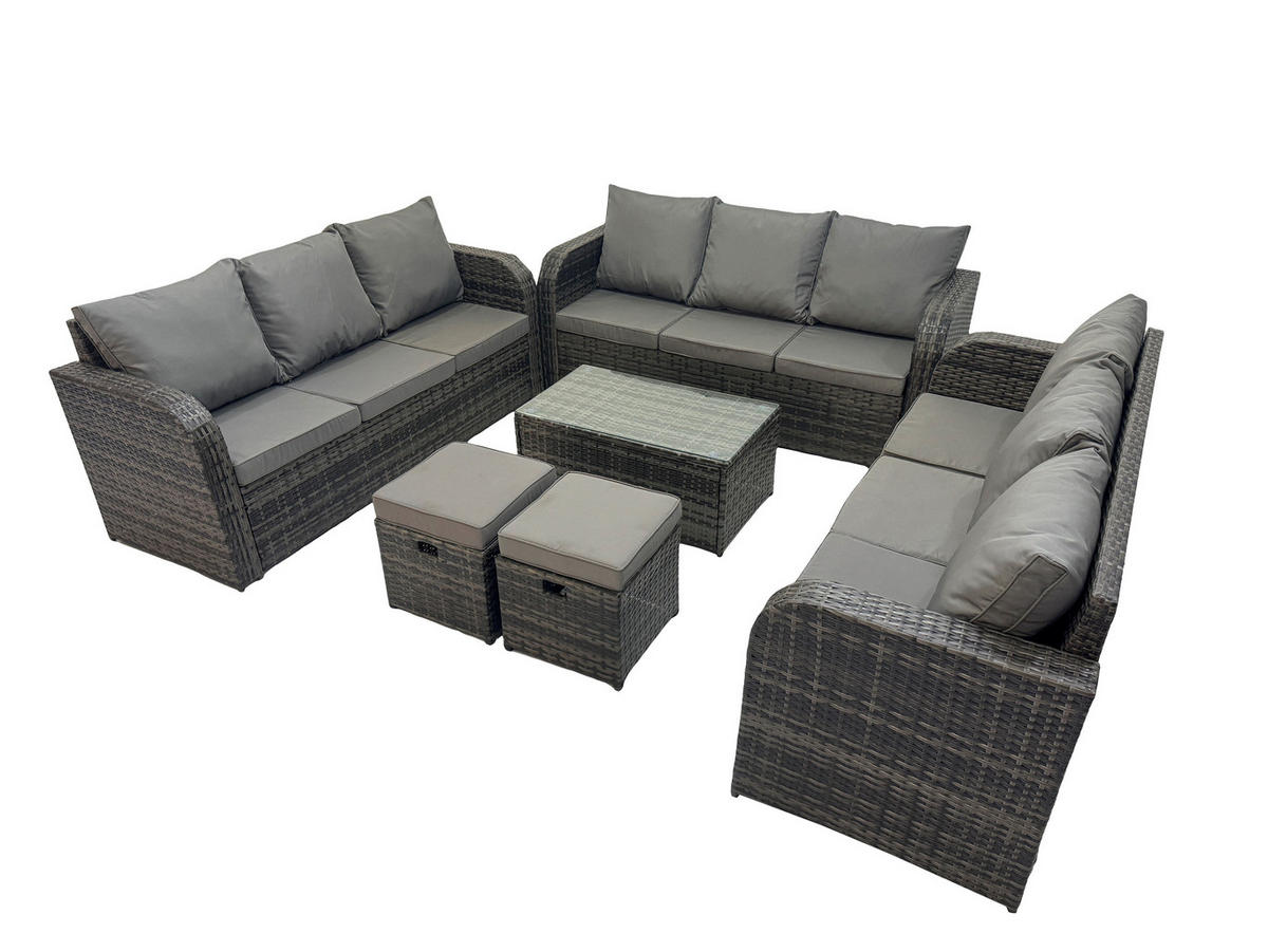 GARTENMÖBELGARNITUR mit KISSEN Polyrattan Dunkelgrau 11-Sitzer - Dunkelgrau/Grau, Glas/Kunststoff - Fimous