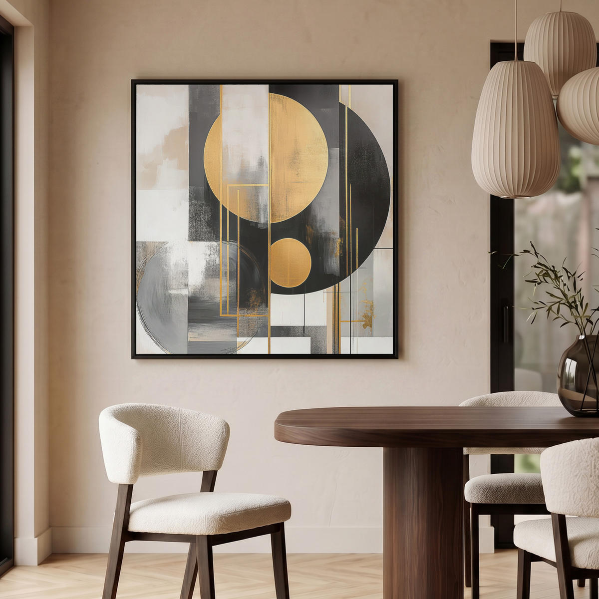 LEINWAND Bilder mit Rahmen - Abstrakt - Gold - Silber - Formen - Ästhetisch - Modern - 90x90 - Goldfarben, Textil (90/90cm) - MuchoWow