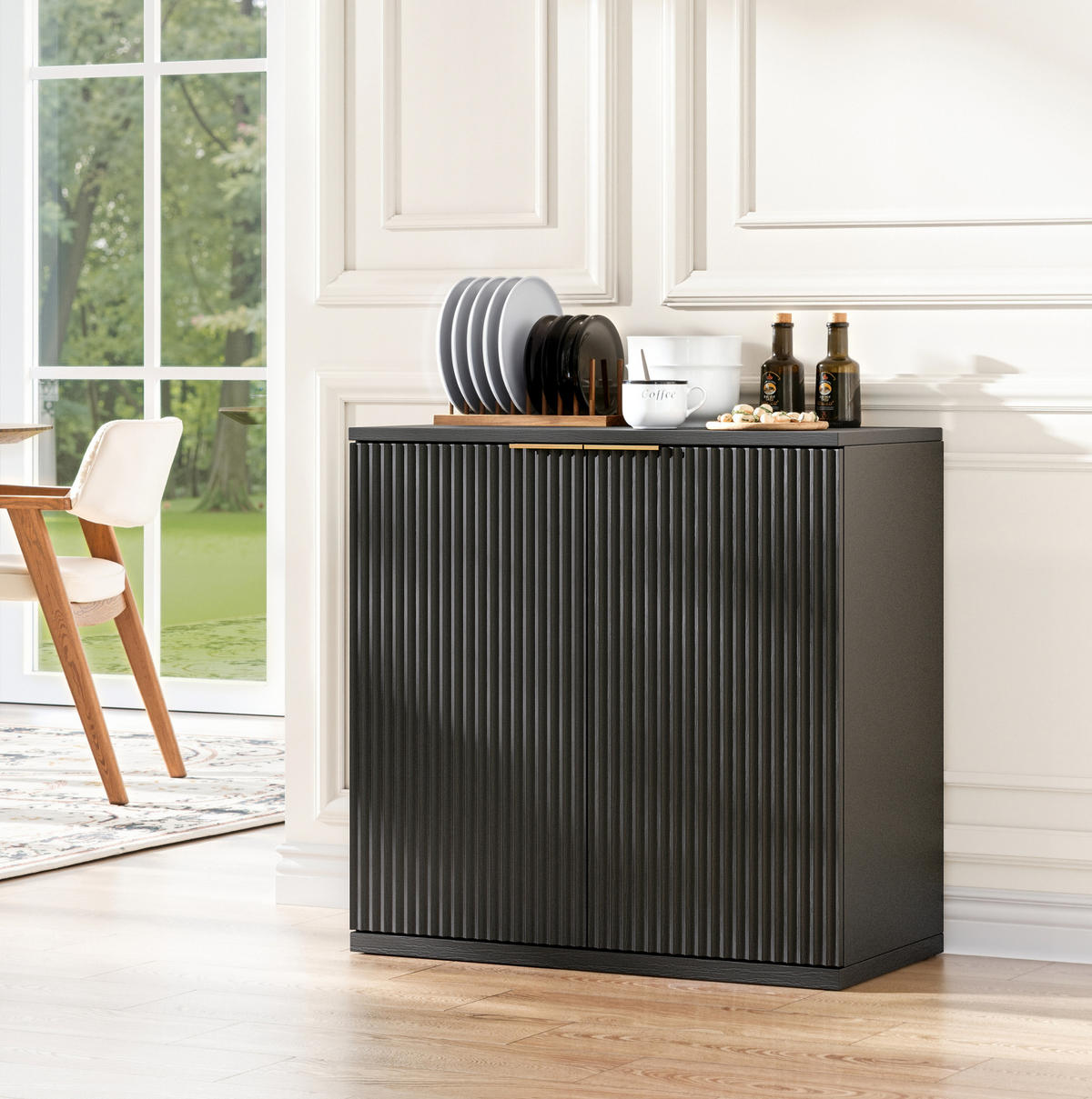 SIDEBOARD aus MDF 80x40x80 cm Schwarz mit 2 Türen und Faltenfront - Schwarz, Holzwerkstoff (80/80/40cm) - Modfu