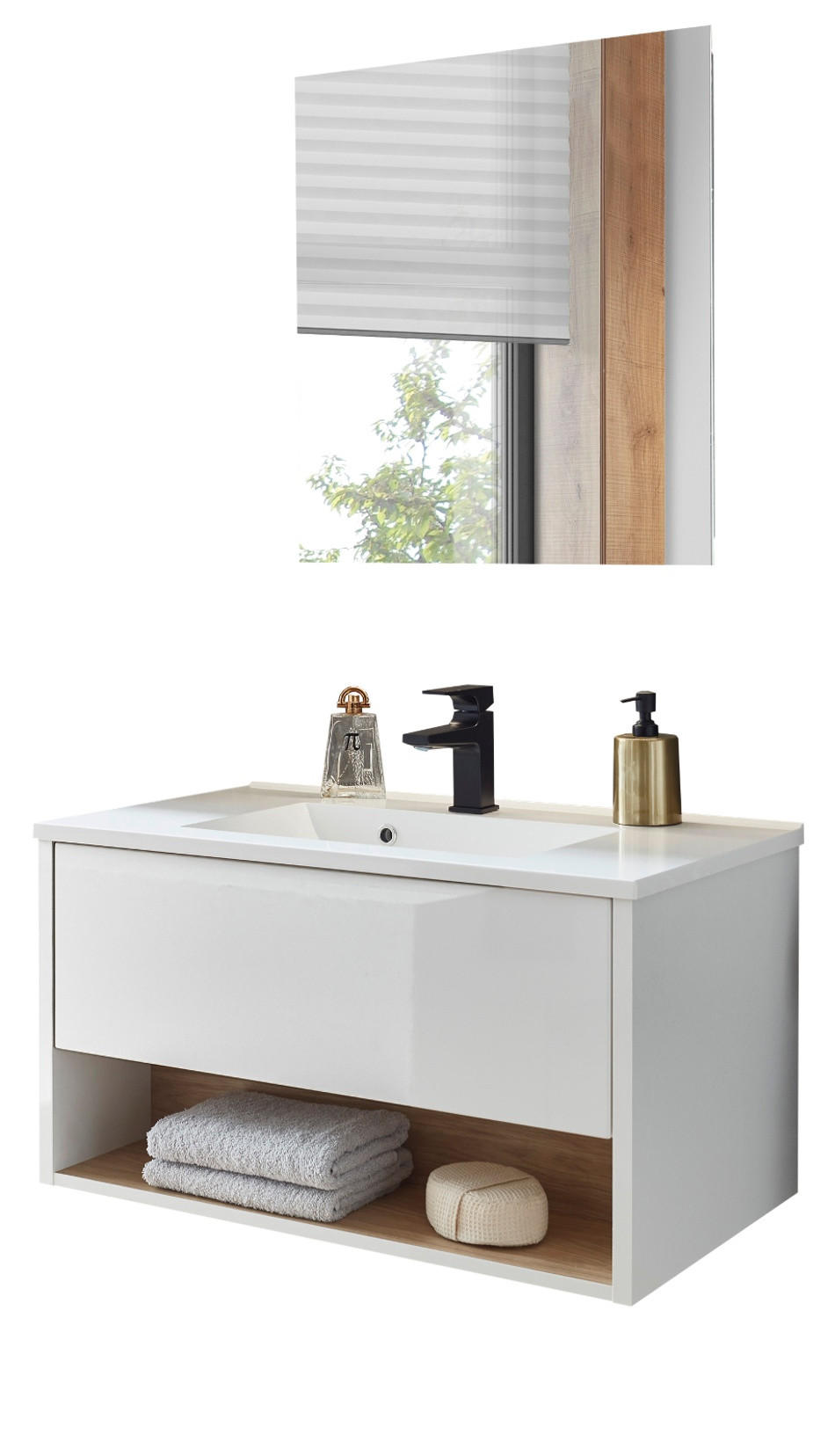 BADMÖBEL Set in weiß Hochglanz und Eiche mit Waschbecken und LED Beleuchtung 80 x 190 cm Glide - Weiß Hochglanz/Eichefarben, Glas/Holzwerkstoff (80/190/47cm) - Furn.Design