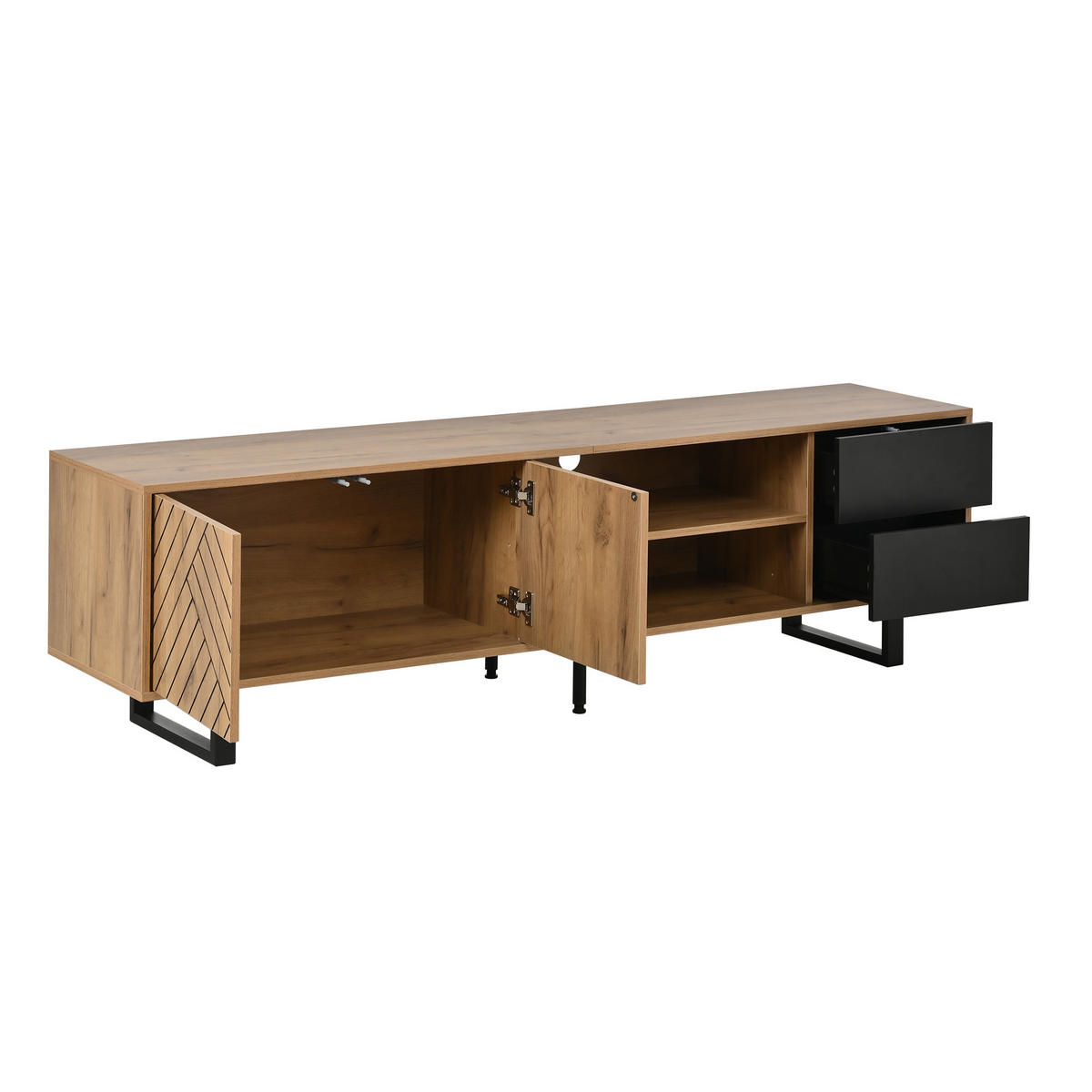 LOWBOARD Wohnzimmerschrank mit Holzoptik und Metallbeinen, Türen, Schubladen und offenen Fächern, MDF Stauraum - Schwarz/Naturfarben, Holzwerkstoff/Metall (180/50/40cm) - EVRYAE