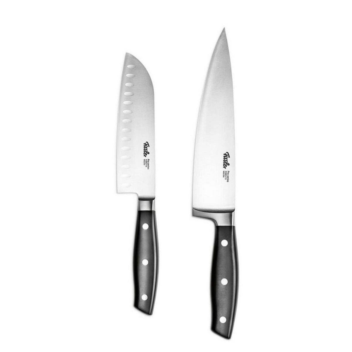KÜCHENMESSER SET 2-tlg Schwarz, Edelstahl, Kochmesser 190 mm, Santokumesser 130 mm, Schneidemesser, Küchenzubehör, Profi Messer, Klingenstahl - Silberfarben, Kunststoff/Metall - Fissler