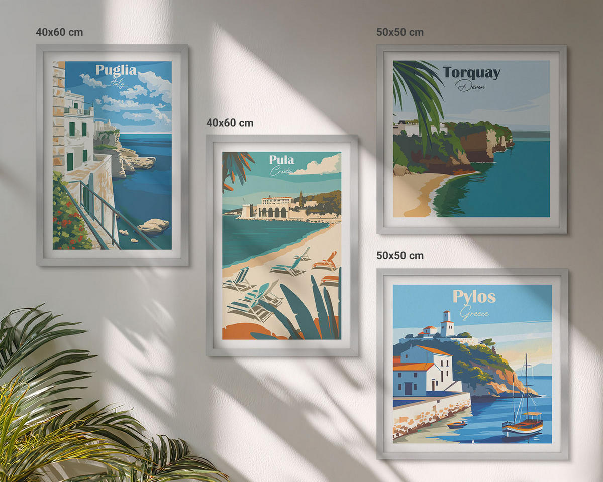 BILDER SET 4er Set - 50x50 cm & 40x60 cm Silberner Rahmen - Touristische Küstenlandschaften - Silberfarben, Kunststoff (50/50cm) - TULUP