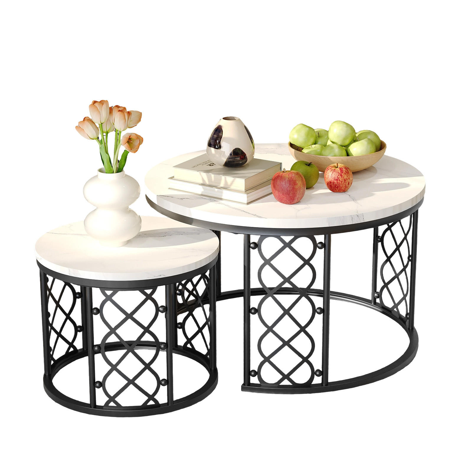COUCHTISCH-SET mit Marmoroptik, Nesting Tische rund,Beistelltisch Metallgestell 70/70/45 cm + 45/45/37 cm, Weiß und Schwarz - Weiß, Holzwerkstoff (70/70/45cm) - Redom