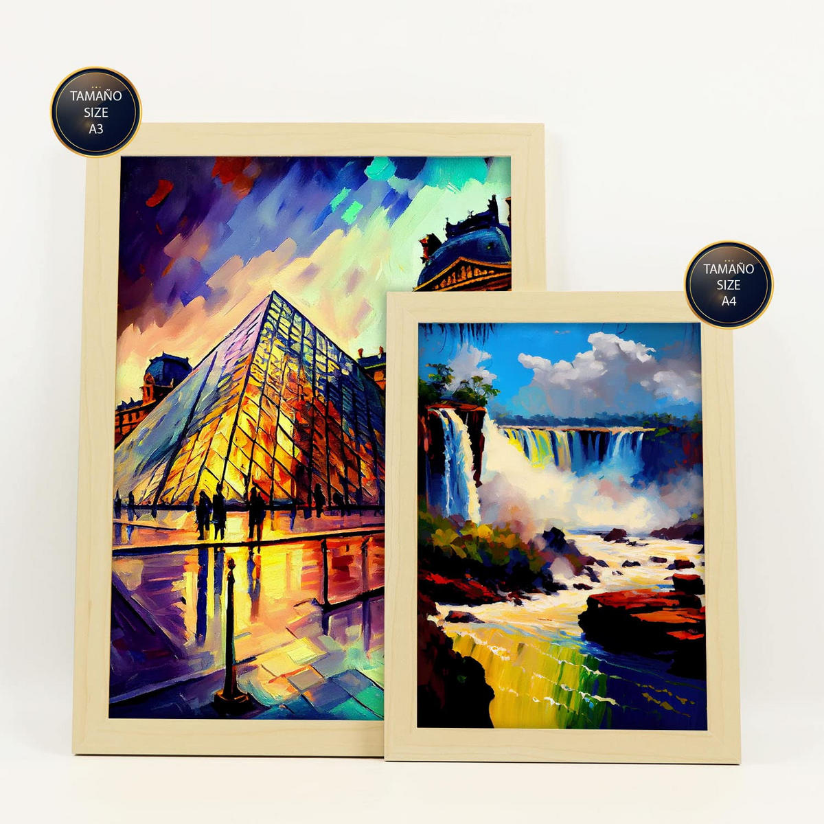 POSTER Set Mit 6 Winkel Im Ölgemälde Stil A3 & A4 Rahmen Aus Hellem Holz - Beige, Papier (29/3cm) - Nacnic