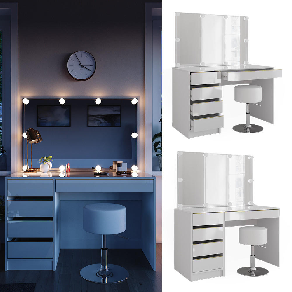 SCHMINKTISCH Sherry Weiß/Gold 120 cm mit LED Beleuchtung und Hocker - Goldfarben/Weiß, Holzwerkstoff (120/75/55cm) - Vicco