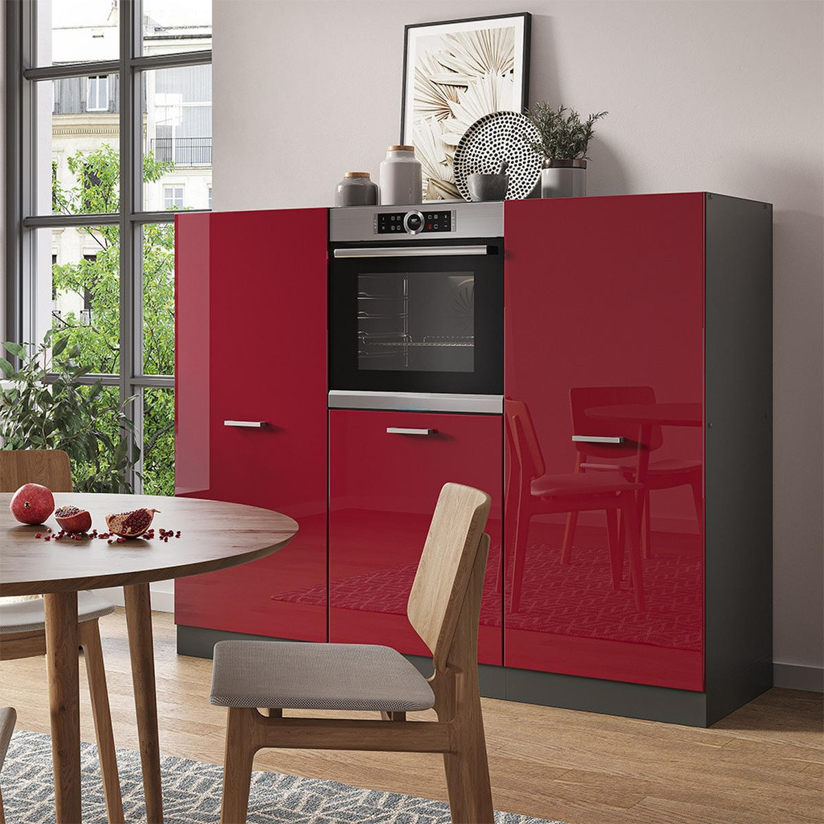KÜCHENBLOCK R-Line Rot Hochglanz/Anthrazit 180 cm ohne Arbeitsplatte - Anthrazit/Rot, Holzwerkstoff (180/143/46cm) - Vicco