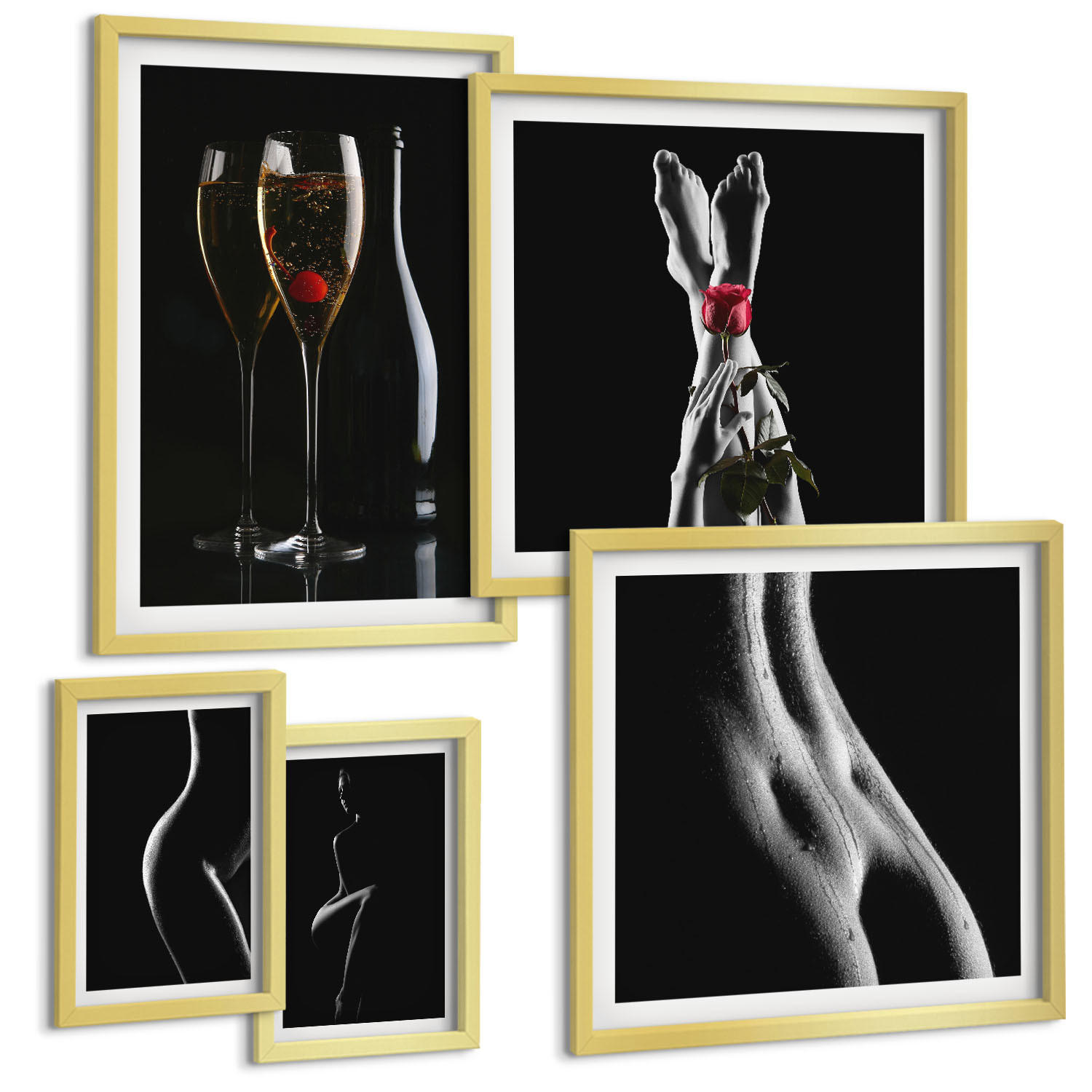 BILDER SET 5er Set - 50x50 cm & 20x30 cm & 40x60 cm Goldrahmen - Schwarze und weiße weibliche Formen - Goldfarben, Kunststoff (40/60cm) - TULUP