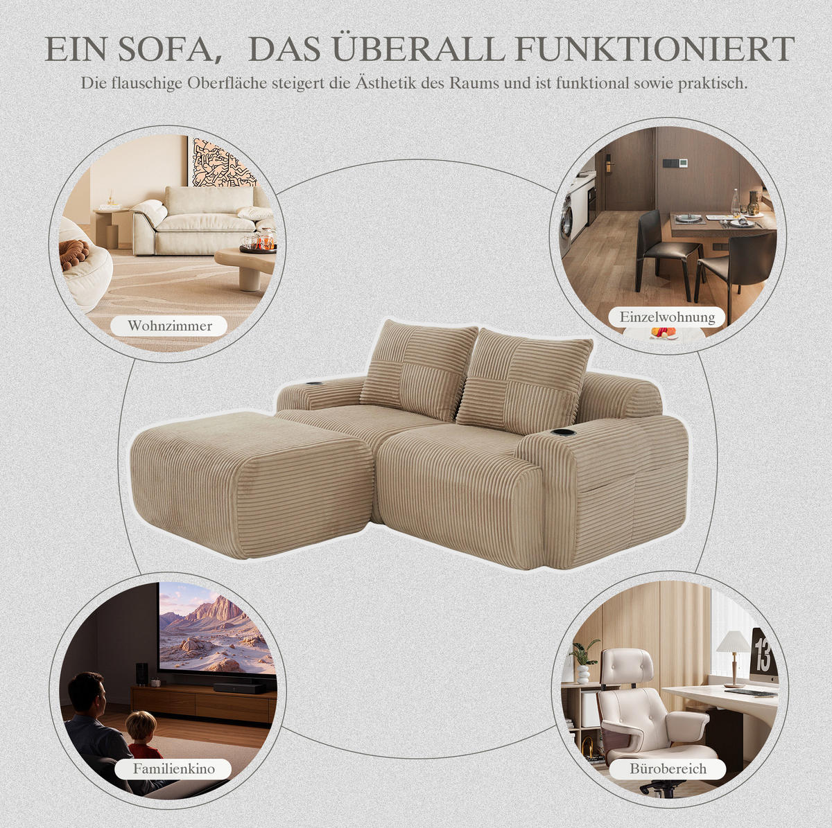 ECKSOFA 200/174/80 cm khaki aus Cord mit Cupholder und Seitentasche - Sandfarben, Textil (174/200cm) - OKWISH