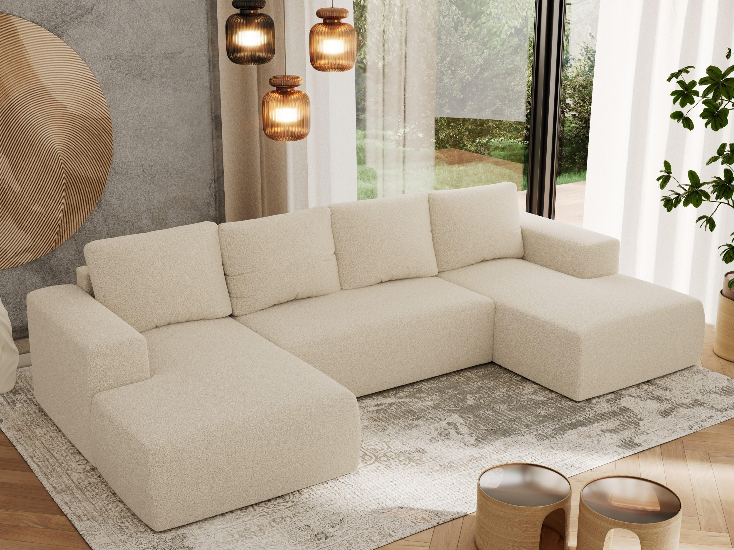WOHNLANDSCHAFT TRENTINO U Beige Boucle - Beige, Textil (334/91/163cm) - MKS