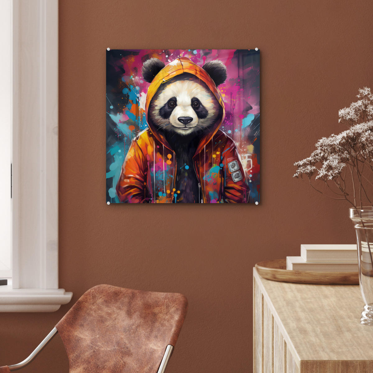 ACRYLGLASBILD Panda - Jacke - Graffiti - Orange 50x50 cm - Orange, Glas (50/50cm) - MuchoWow