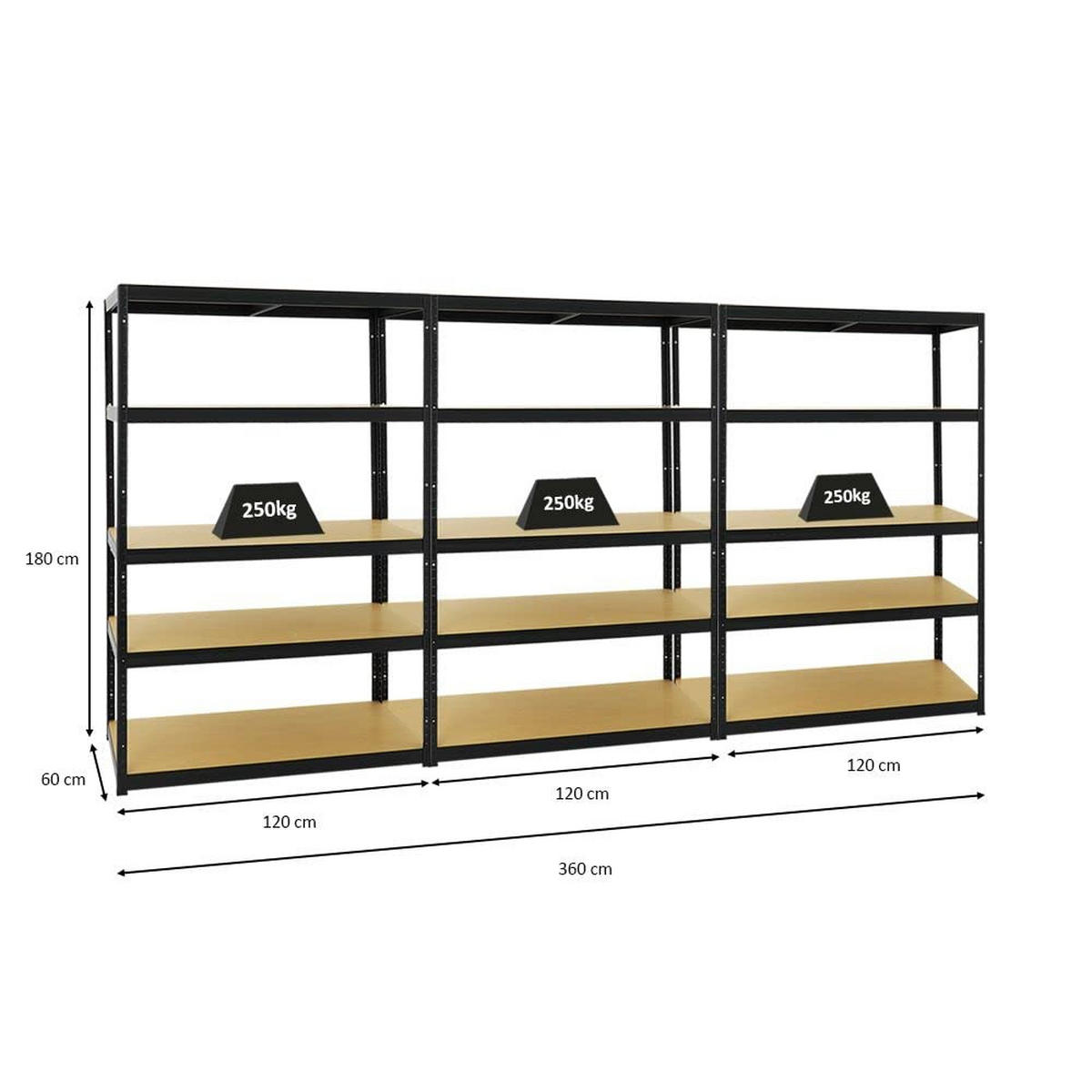 SCHWERLASTREGAL Big Elephant M 3er-Set mit 3x 180x120x60 cm Fachlast 250 kg Schwarz - Schwarz, Metall (360/180/60cm) - PROREGAL