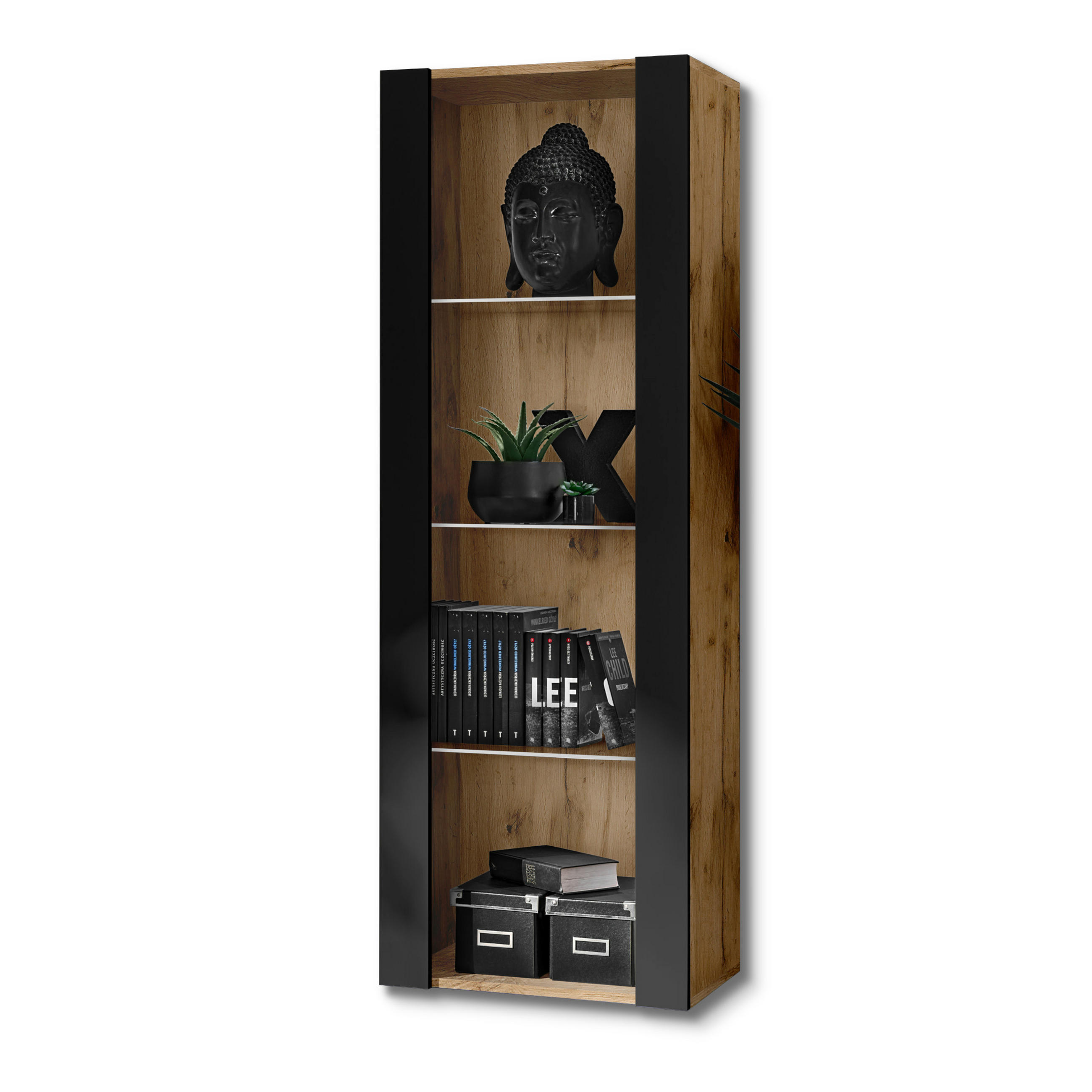 VITRINE TIVOLI, Eiche Wotan + Schwarz - Eiche Wotan/Schwarz, Glas/Holzwerkstoff (55/159/35cm) - Komodee