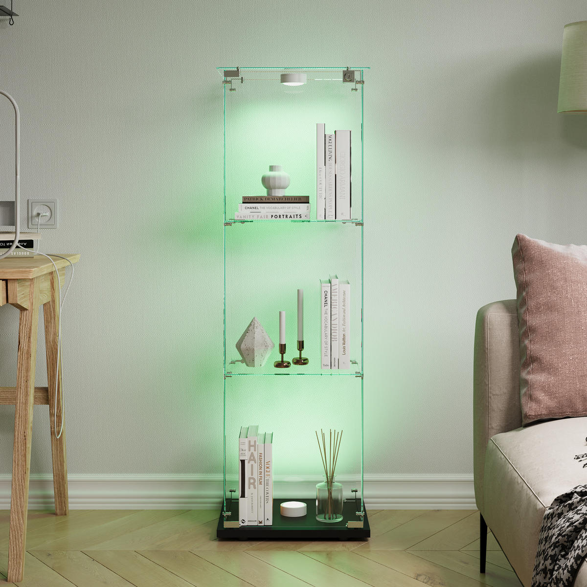 GLASVITRINE 125x42x36 cm 1 Tür 3 Einlegeböden LED Touch schwarz - Schwarz, Holz (39.8/123.5/35cm) - LEBENLANG