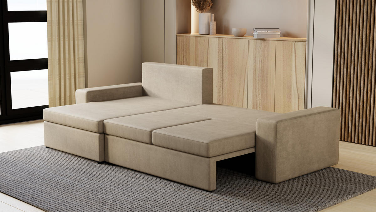 ECKSOFA Paco mit Bettkasten und Schlaffunktion, L-Form/XL-Form, Velourstoff, Universal - Beige, Holzwerkstoff (276/145cm) - 4ALL HOME