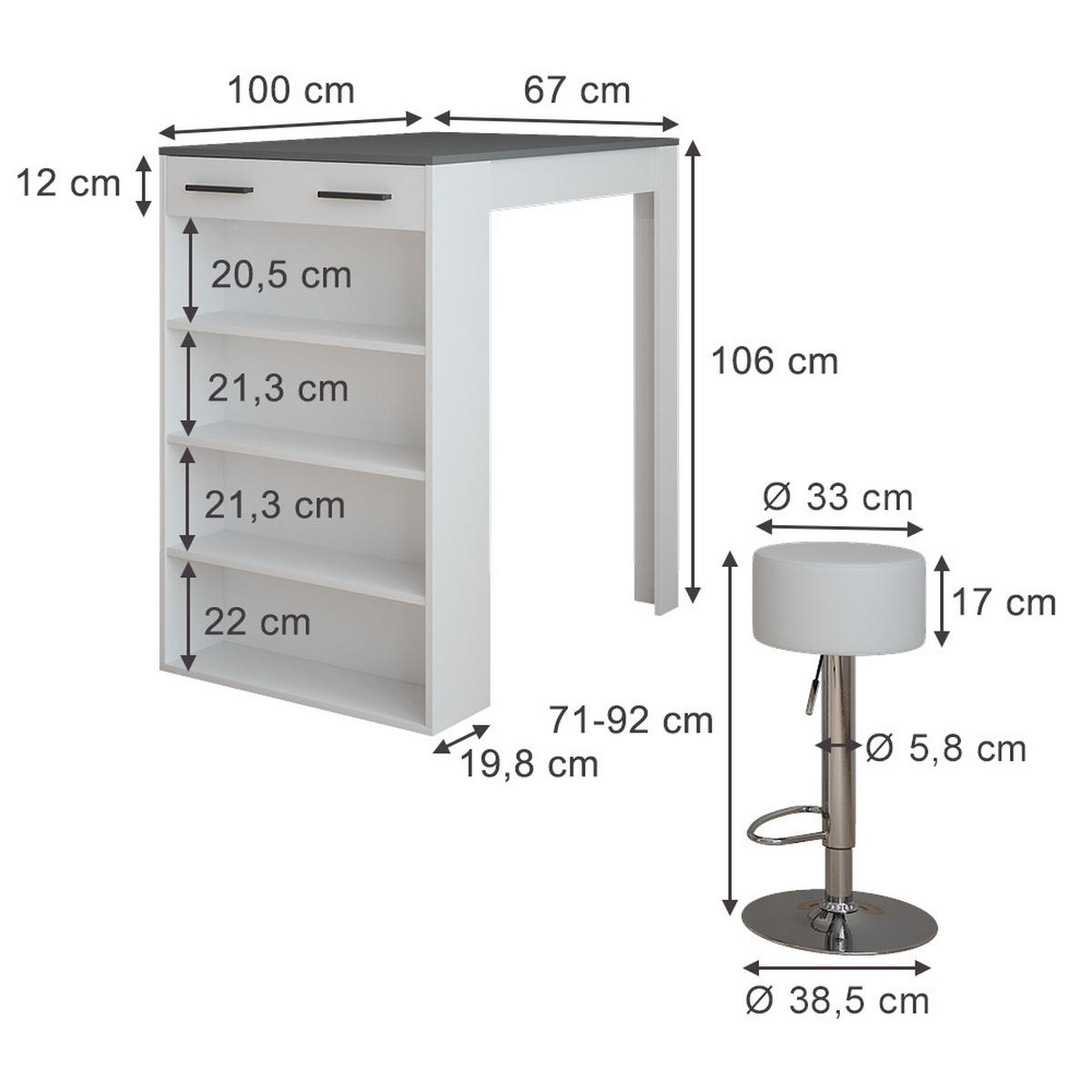 BARTISCH-SET Repose Weiß/Anthrazit 67 x 100 cm mit 2 Barhockern - Anthrazit/Weiß, Holzwerkstoff (100/67/106cm) - Vicco