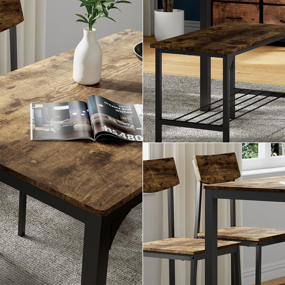 ESSTISCH-SET Fyrk Schwarz/Eiche rustikal 110 x 70 cm 4 Teile - Wildeiche/Schwarz, Holzwerkstoff (110/75/70cm) - Vicco