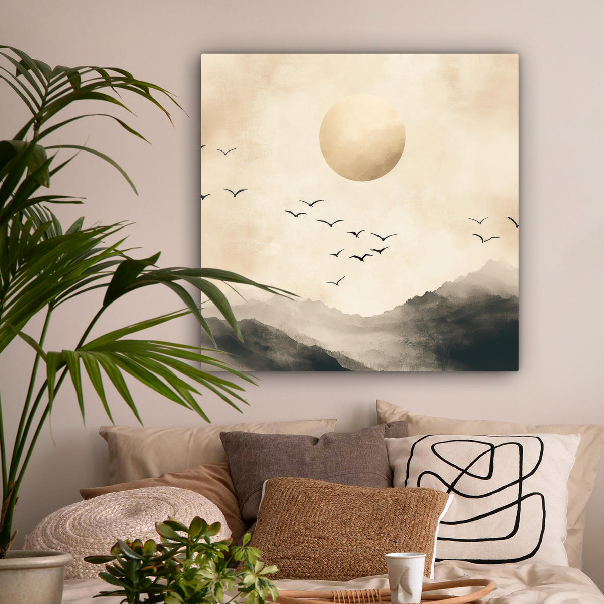 LEINWANDBILD Landschaft - Japandi - Vogel 90x90 cm - Beige, Textil (90/90cm) - MuchoWow