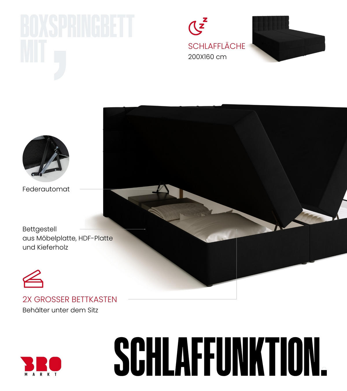 BOXBETT Detroit mit Topper 160/200 Schwarz - Schwarz, Holzwerkstoff/Textil (160/200cm) - Bromarkt