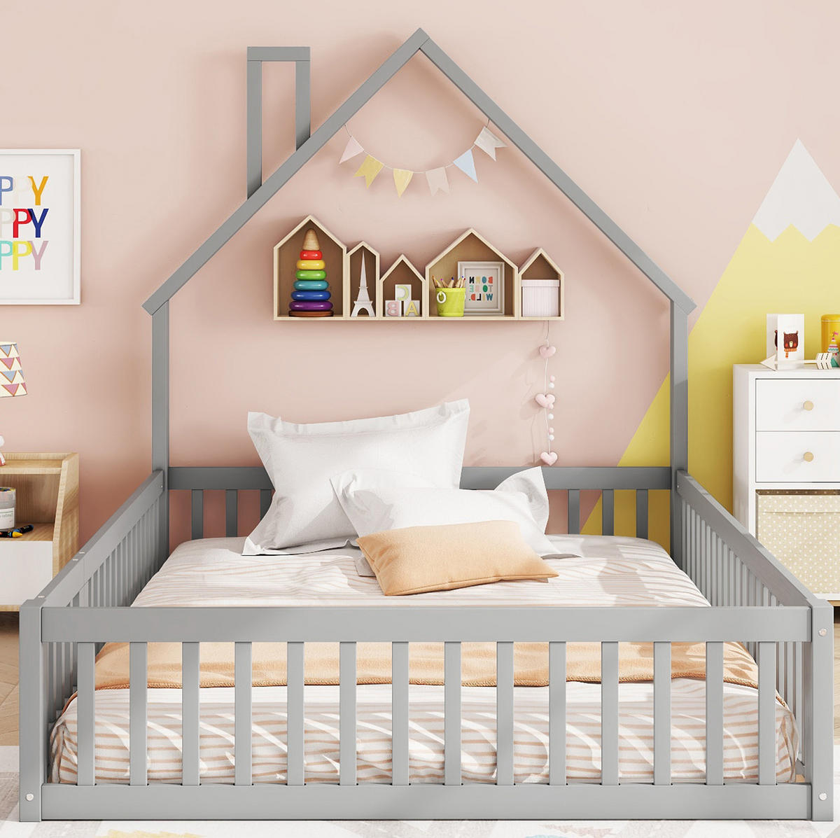 KINDERBETT 140/200 cm mit Schornsteinform, Sicherheitsgitter und Lattenrost, Kiefer /MDF, Grau - Grau, Holzwerkstoff (140/200cm) - Redom