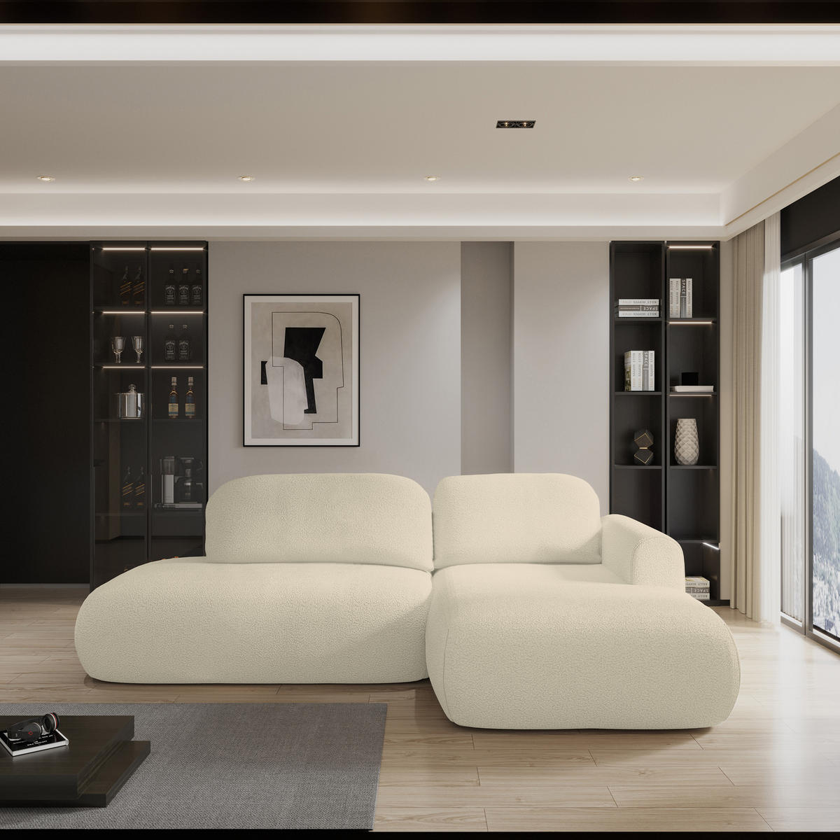 ECKSOFA NUVIRA R-S Creme Boucle-Stoff mit Schlaffunktion - Creme, Holz (274/165cm) - MASSENO