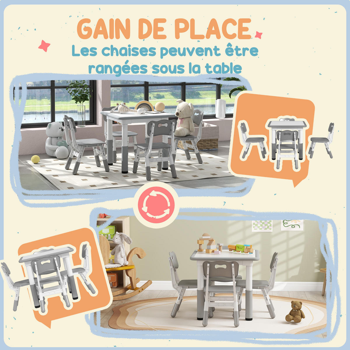 KINDERSITZGRUPPE DE-17549 höhenverstellbar mit 4 Stühlen Grau - Grau, Holzwerkstoff (60/58/60cm) - ComfortXL