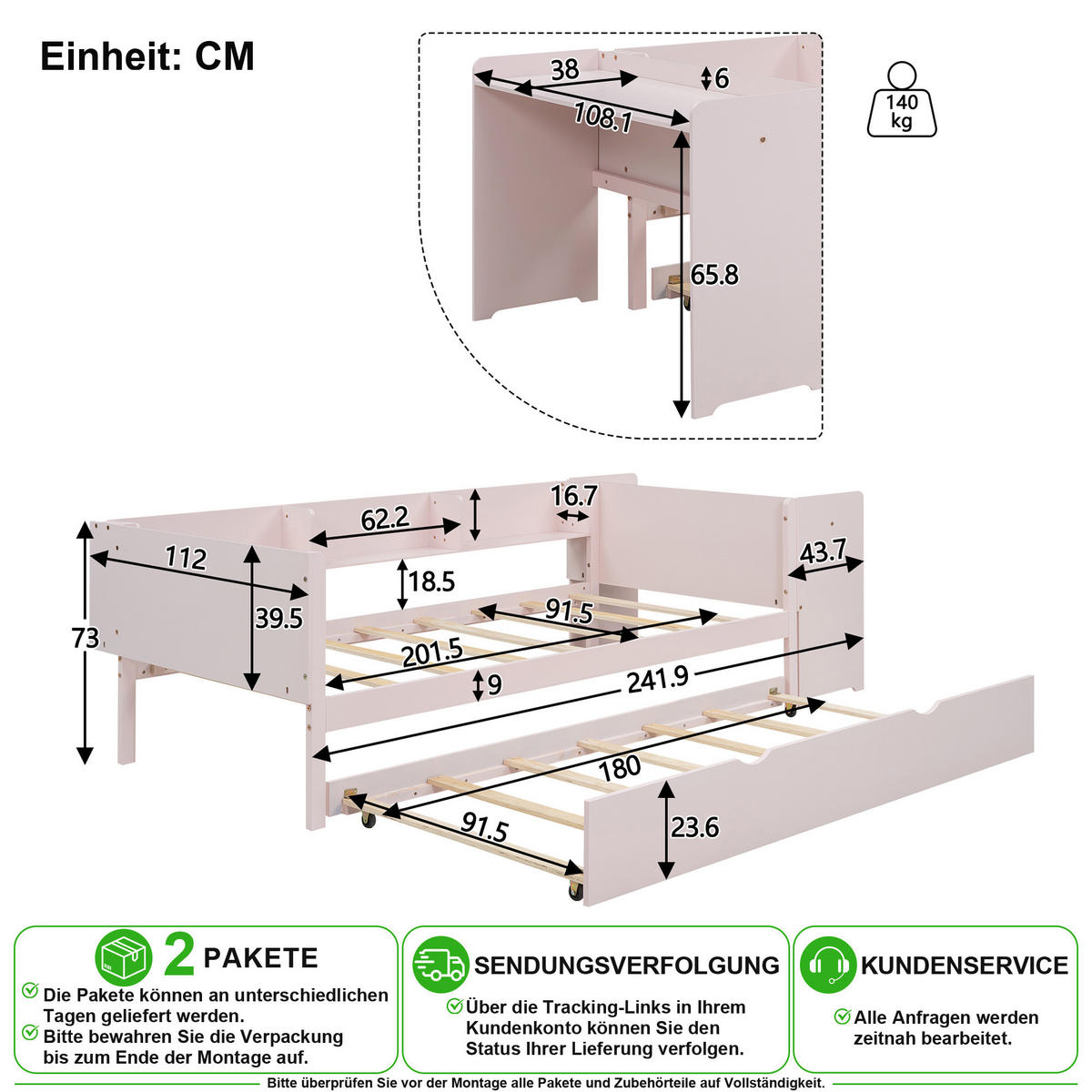 KINDERBETT 90/200 cm & 90/180 cm in Rosa mit Ausziehbett, Schreibtisch und 3 Regalen - Rosa, Holz/Holzwerkstoff (90/200cm) - CHICFURN