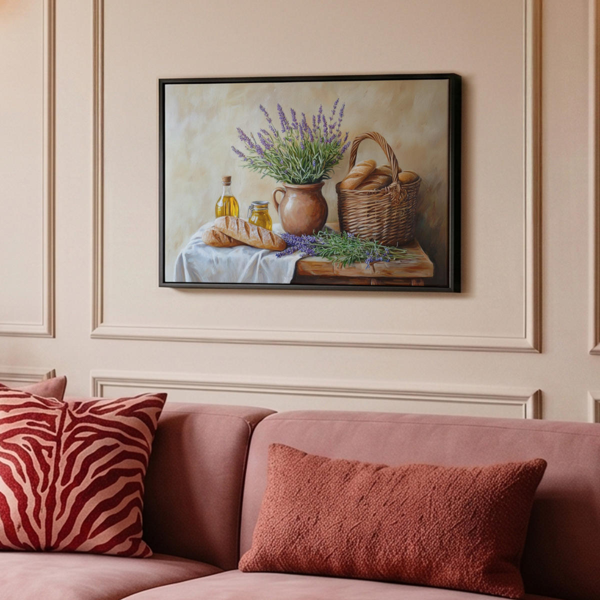 LEINWAND Bilder mit Rahmen - Lavendel - Brot - Stilleben - 60x40 - Flieder, Textil (60/40cm) - MuchoWow