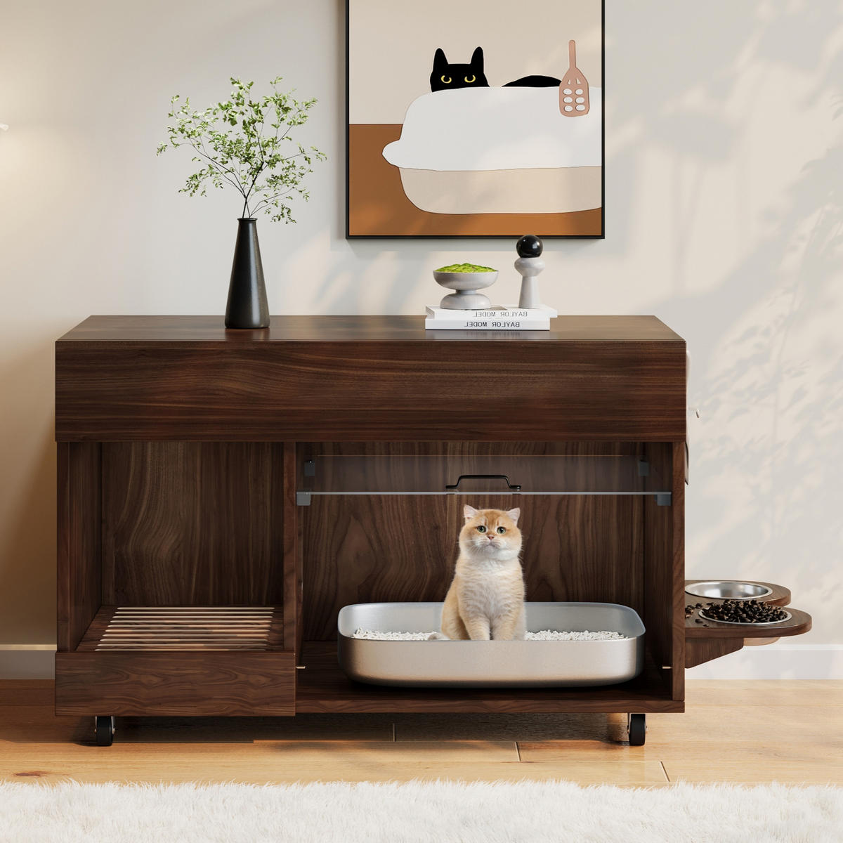 SIDEBOARD Nussbaumfarben aus MDF 100×45,5×67cm als Katzenkloschrank mit Sandablassschale und Futterschalen - Nussbaumfarben, Holzwerkstoff (45.5/67/100cm) - Luhomfu