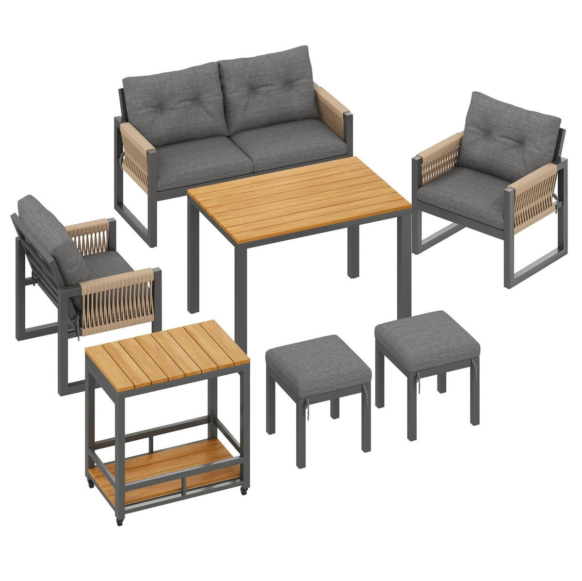 VRTNI lounge set 150/79,5/75 cm sivo-prirodno od željeza s odvojivim stolom i pletenim naslonima - siva, metal - OKWISH