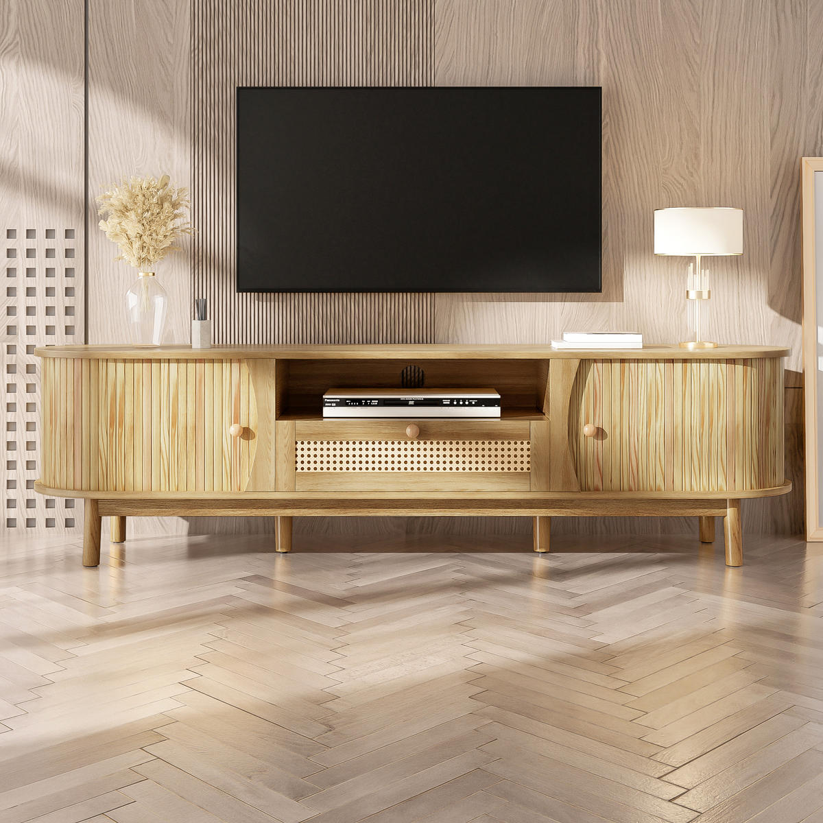 TV-LOWBOARD Rattan Türen Holz Landhaus - Naturfarben, Holz (165/46/37cm) - Fortuna Lai
