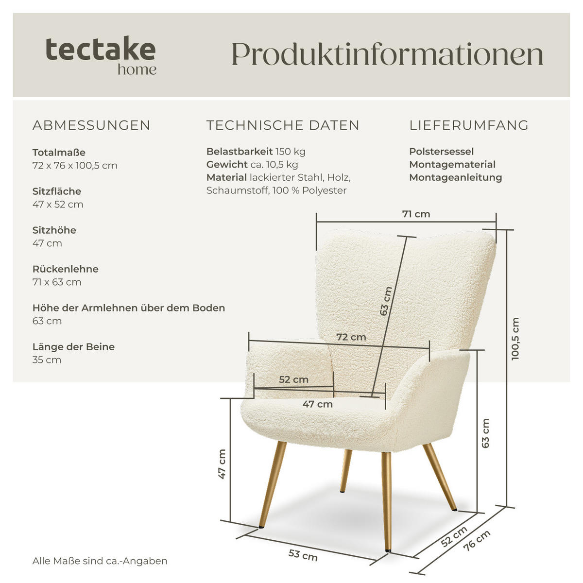 SESSEL Hygge,72 x 76 x 100,5 cm,Bouclé creme/gold - Goldfarben/Creme, Kunststoff (72/100.5/76cm) - tectake