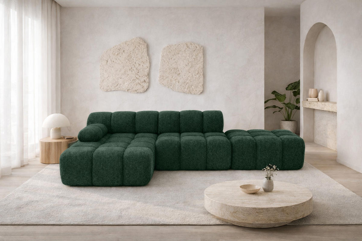 ECKSOFA L-Form Modular Mit Hocker, Bouclé-Stoff Abriamo, Dunkelgrün, Links, Selia - Dunkelgrün, Holz (285/160cm) - Kaiser Möbel