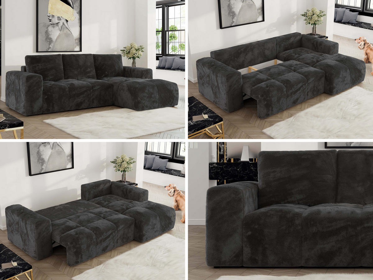 ECKSOFA MONIVA Dunkelgrau Plüsch - Rechts - Dunkelgrau/Schwarz, Textil (266/164cm) - MKS