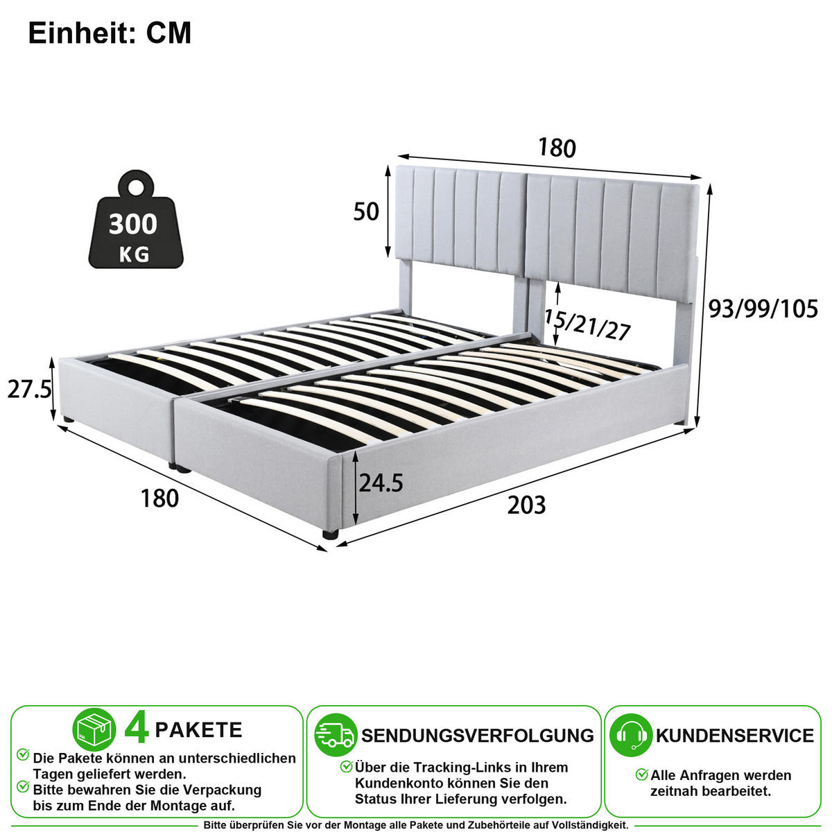 POLSTERBETT 180/200 cm in Grau mit Bettkasten und Umbaufunktion Leinenstoff - Grau, Holzwerkstoff/Textil (180/200cm) - CHICFURN