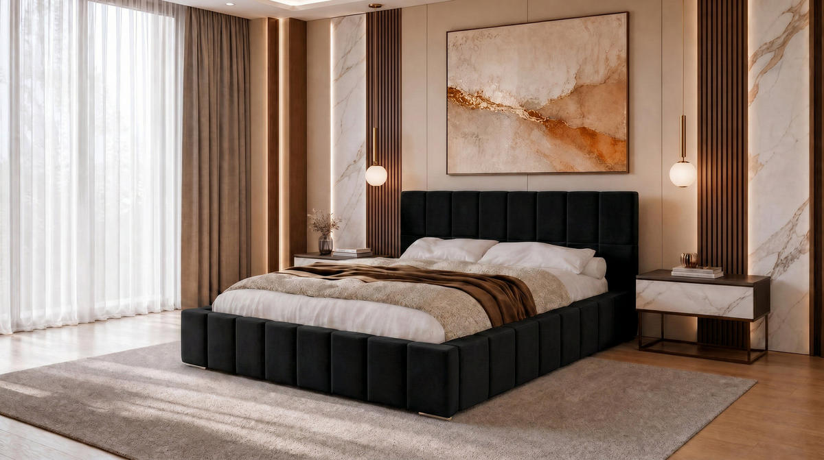 POLSTERBETT 140x200 cm, Alma, Doppelbett mit Bettkasten, Lattenrost aus Holz, Velourstoff, Schwarz - Schwarz, Holz/Textil (140/200cm) - Marpur