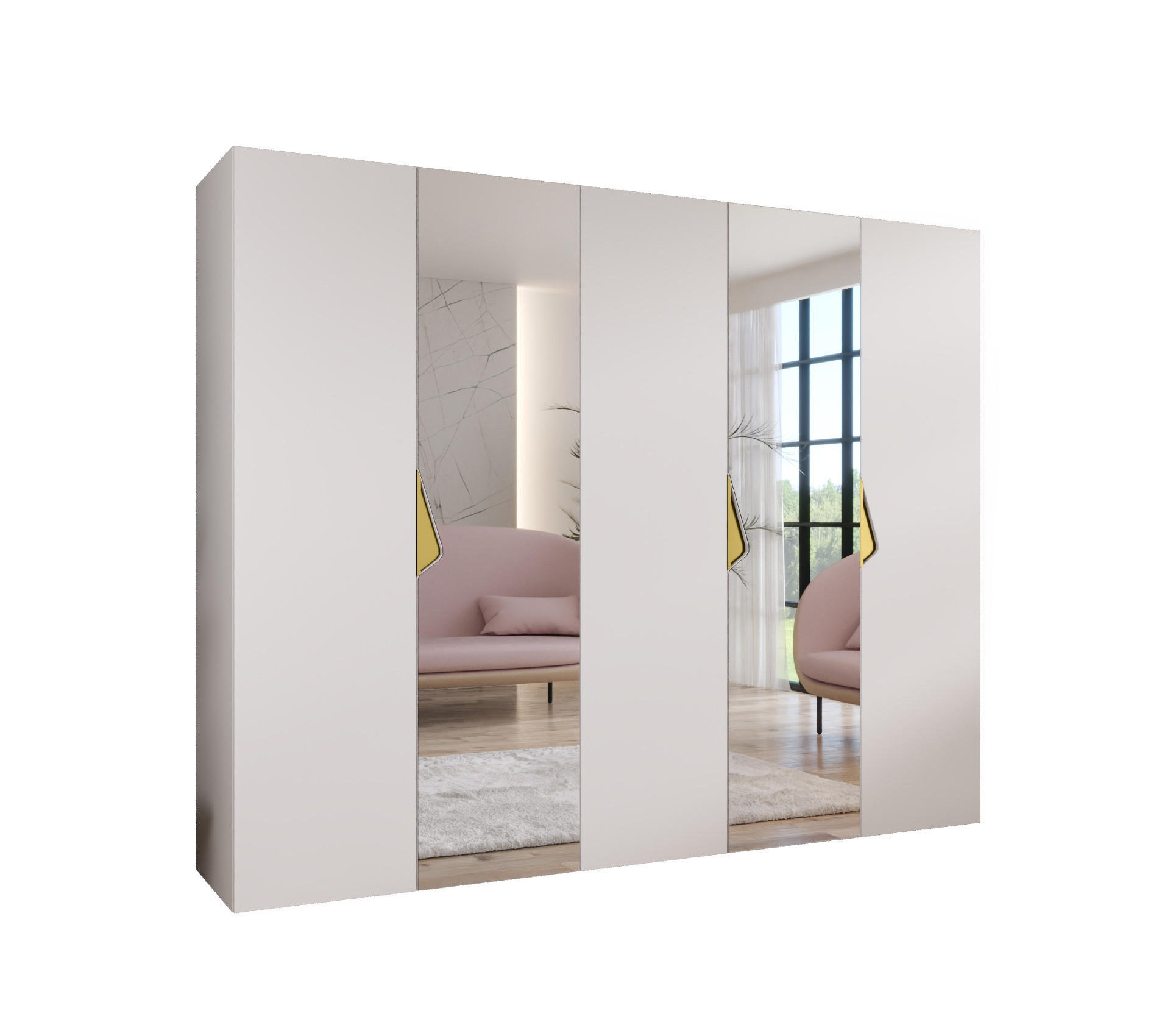 Abiks Möbel DREHTÜRENSCHRANK Weiß, Gold 250cm × 52cm × 202cm