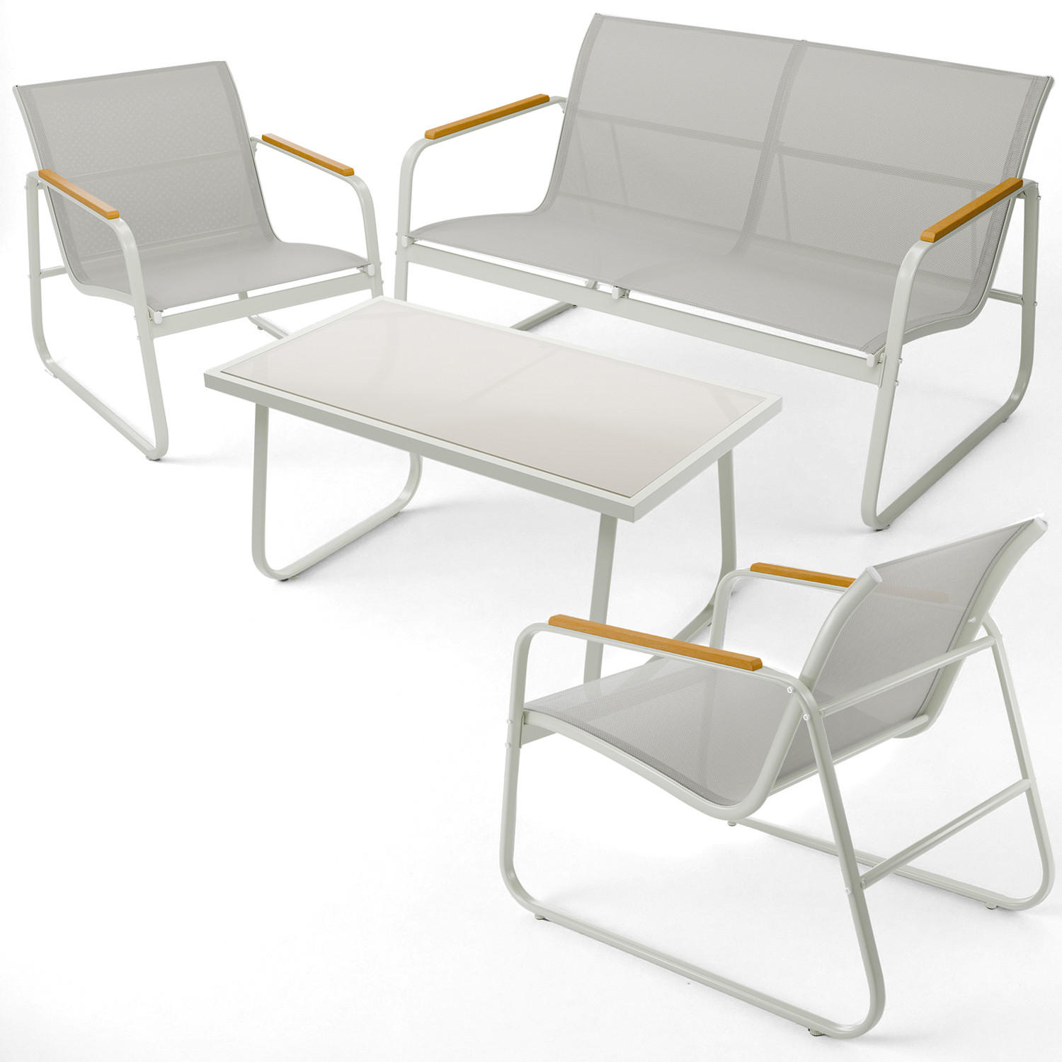 GARTENMÖBEL 4er Set, 2 Sessel 1 Tisch und 1 Bank, Grau - Grau, Metall - Blumtal