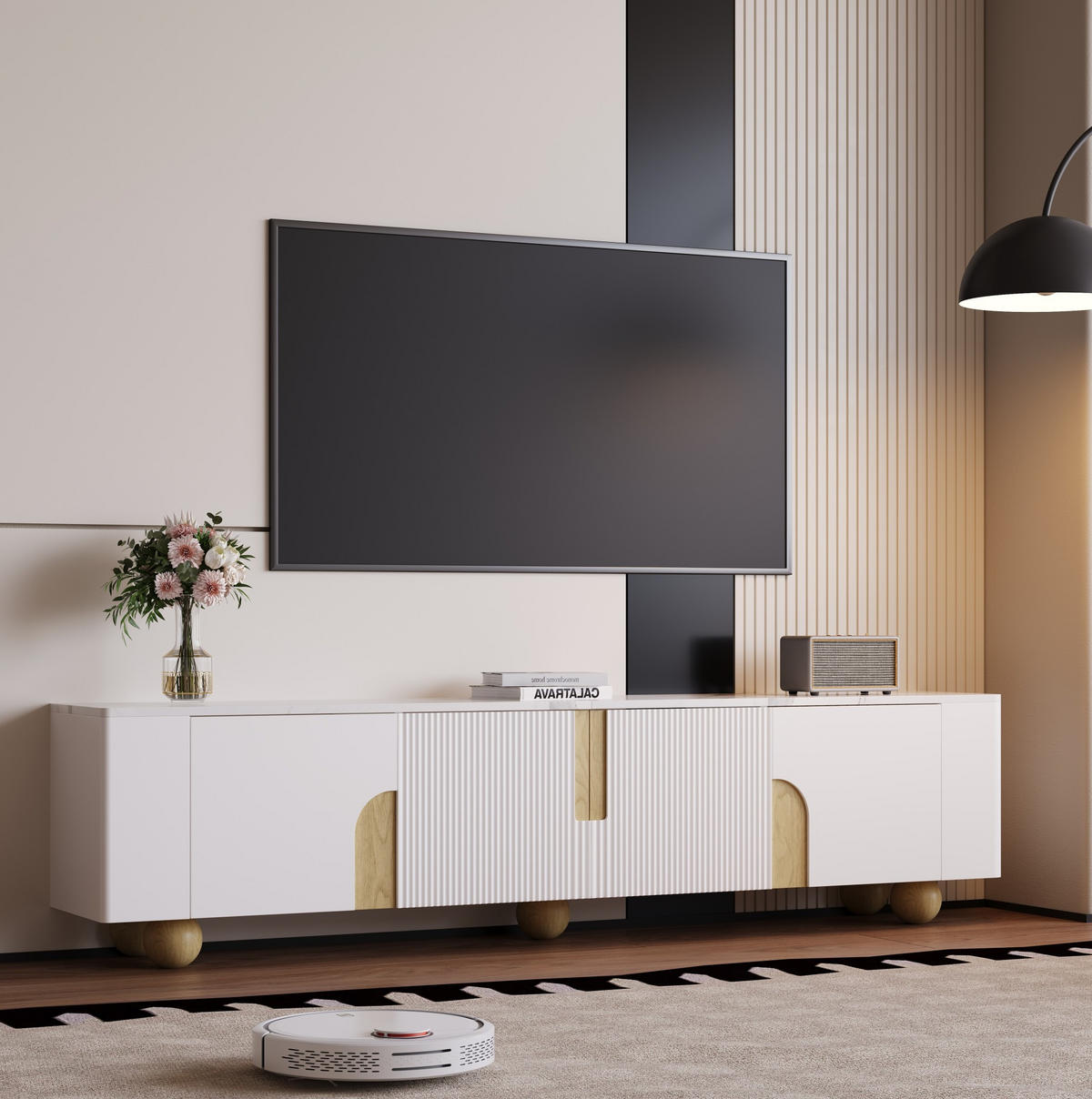 LOWBOARD 180/40/44 cm aus MDF und Spanplatte mit marmoroptischer Oberfläche Weiß/Holzfarben - Weiß, Holzwerkstoff (180/44/40cm) - Modenvie