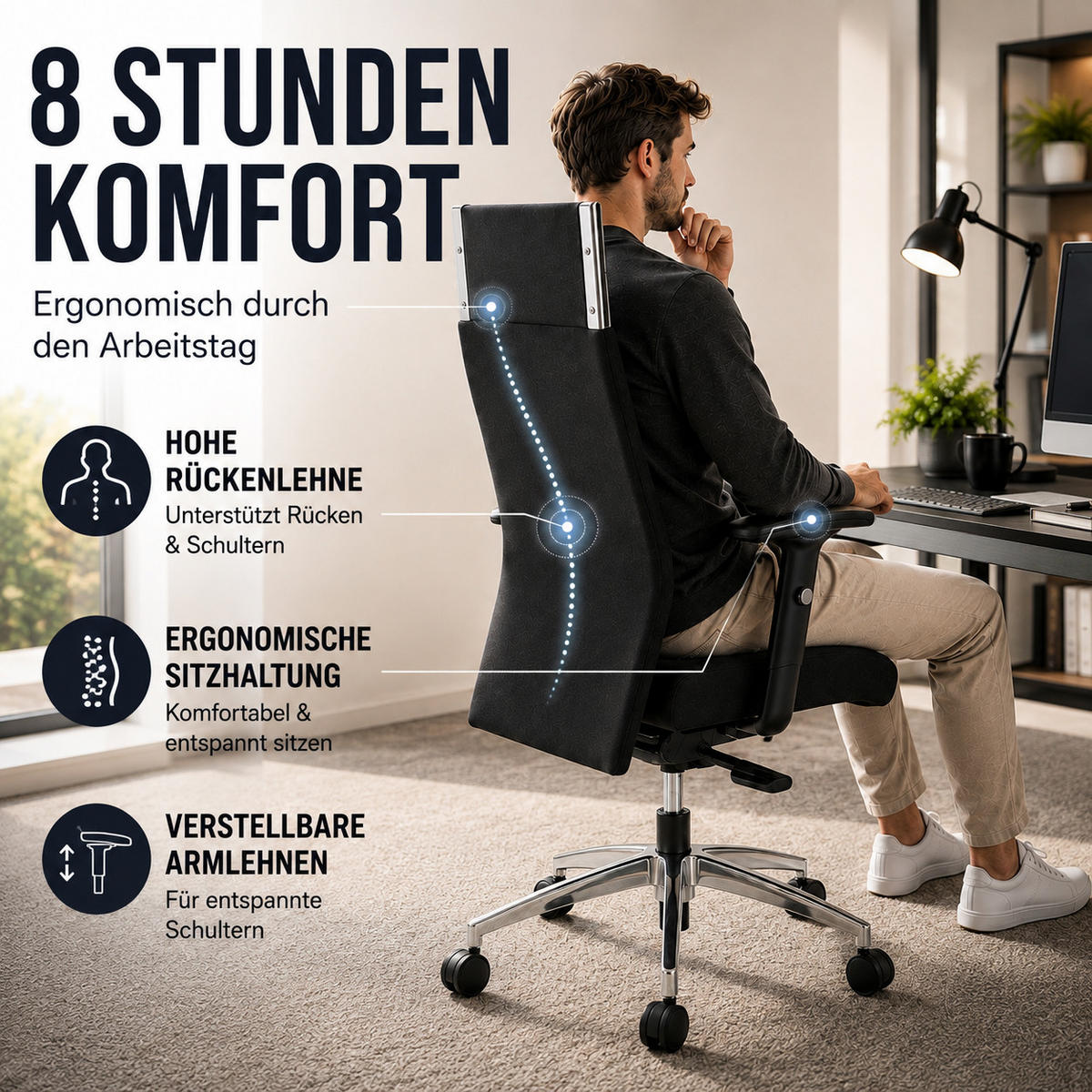 CHEFSESSEL Black-Line Stoff Schwarz - ergonomisch, 150 kg belastbar, Sitzhöhe 48-60cm - Schwarz, Kunststoff/Textil (68/121/60cm) - Versee