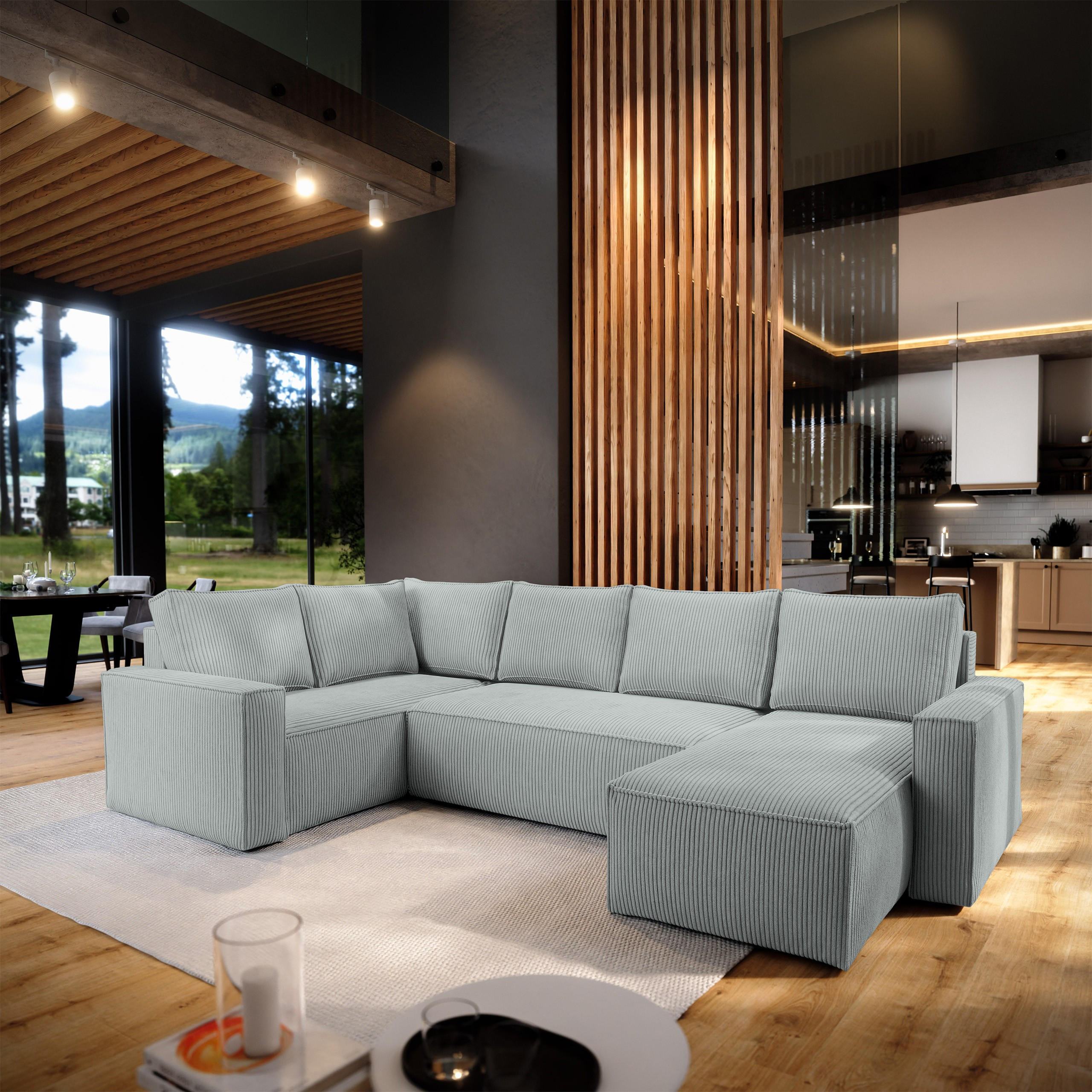 WOHNLANDSCHAFT NORENA L-S Hellgrau Kordstoff mit Schlaffunktion - Hellgrau, Holz (295/85/157.5cm) - MASSENO
