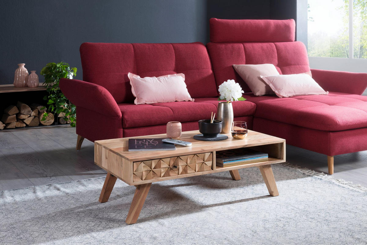 COUCHTISCH Landhausstil Massivholz mit Schublade und Ablagefach, Maße 95x35x50 cm - Beige, Akazienholz/Holz (50/95/35cm) - KADIMA DESIGN
