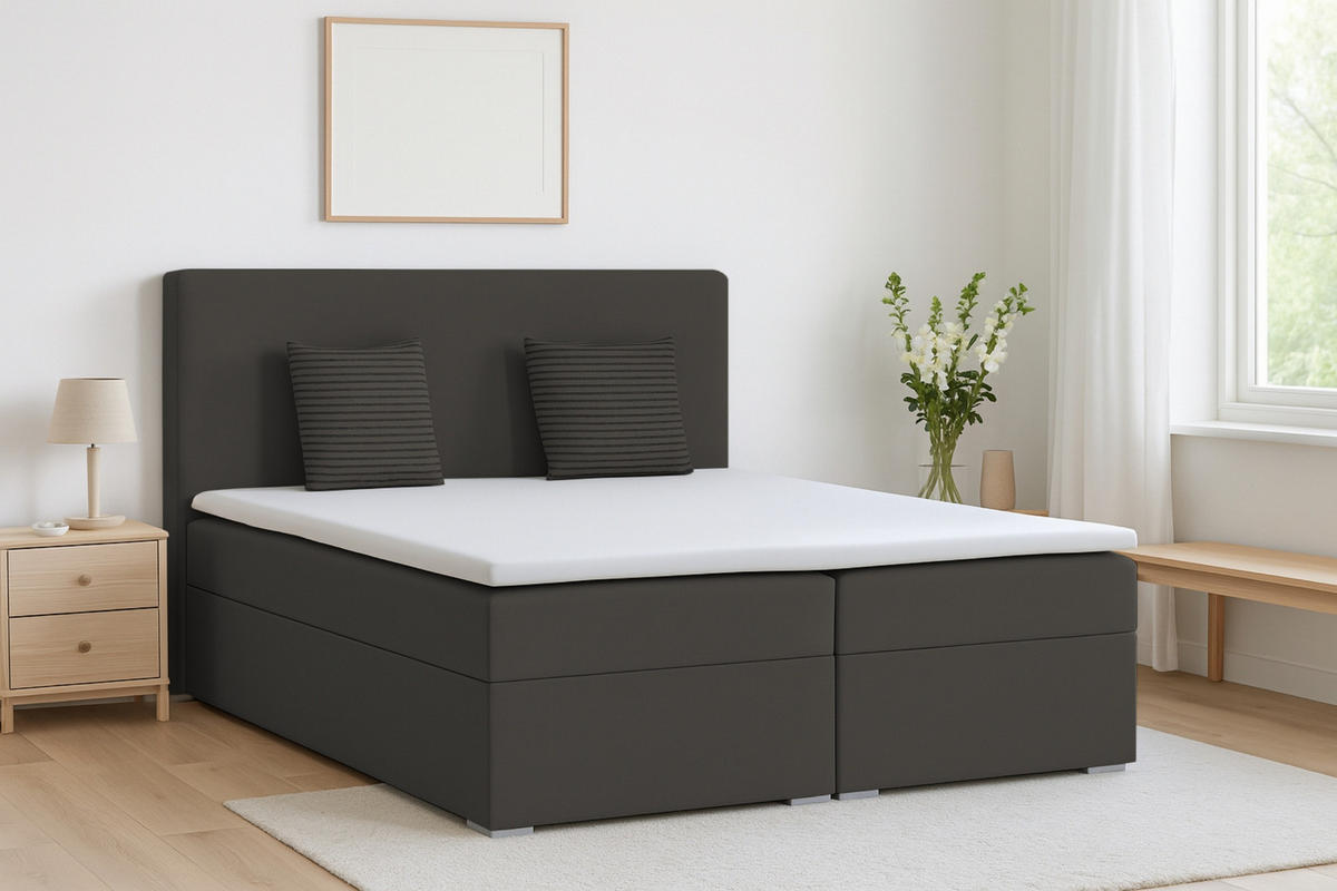 BOXBETT BASIC 180/200 Velours Anthrazit mit Taschen-Federkernmatratzen 7 Zonen H4 - Anthrazit, Holz/Holzwerkstoff (180/200cm) - Deine Möbel 24