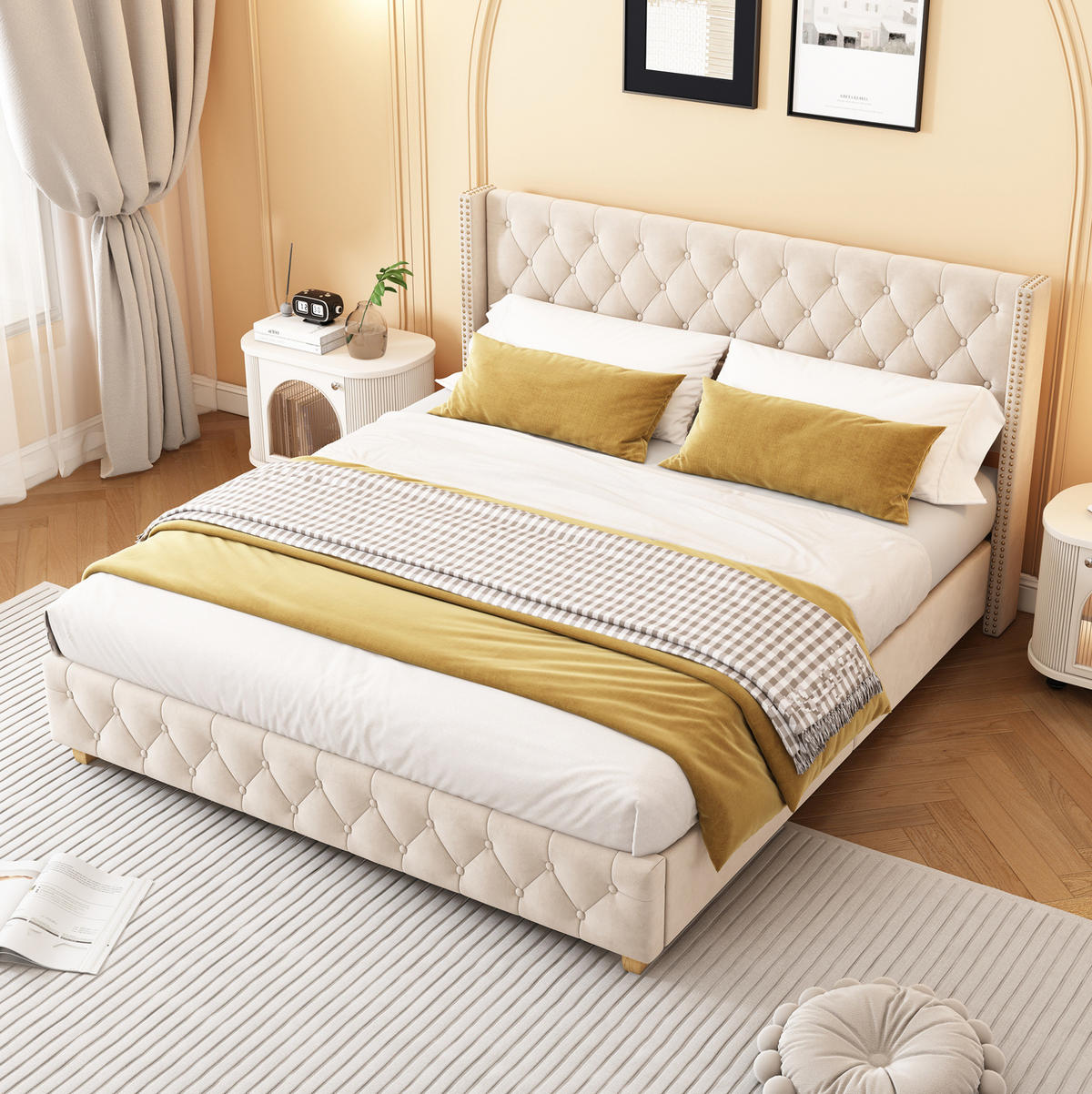 POLSTERBETT 160/200 cm hellbeige aus Samt mit Lattenrost - Beige, Textil (160/200cm) - OKMYHOME