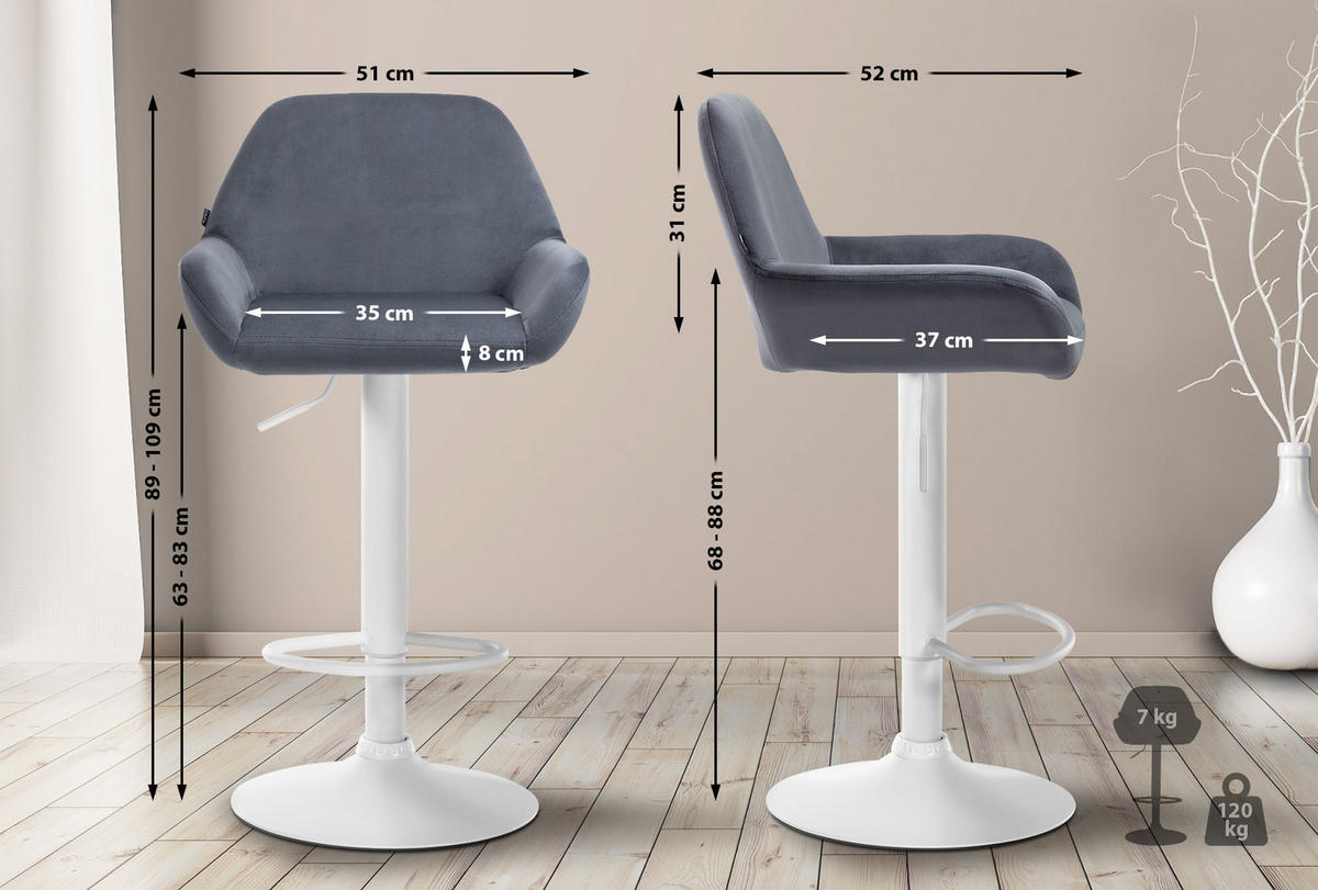 BARHOCKER DUBLIN Dunkelgrau Samt Weiß - Dunkelgrau, Textil/Metall (51/89/52cm) - DELUKE