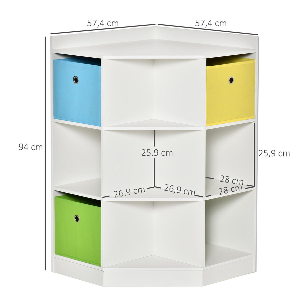 KINDERREGAL Eckregal mit 3 Aufbewahrungsboxen Kinderzimmer Spielzeugablage Weiß - Weiß, Holzwerkstoff/Textil (57.4/94/57.4cm) - HOMCOM