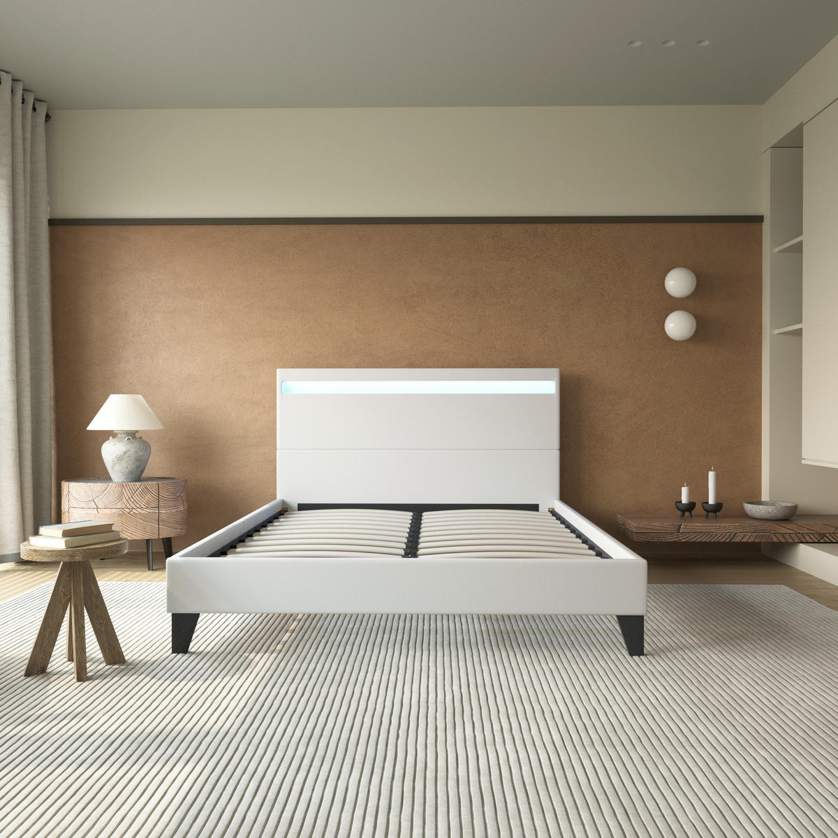 BETT 140x200 cm mit Kopfteil aus weißem Kunstleder - Weiß, Naturmaterialien (140/200cm) - November Sleep