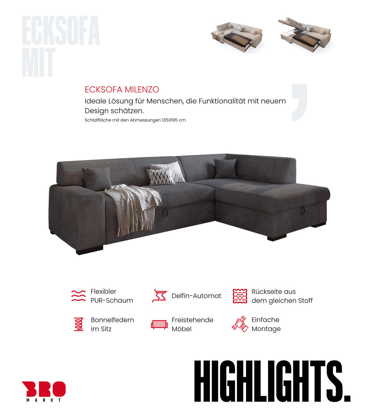 ECKSOFA mit Schlaffunktion Cordstoff MILENZO Grau Links - Grau, Holz (260/175cm) - Bromarkt